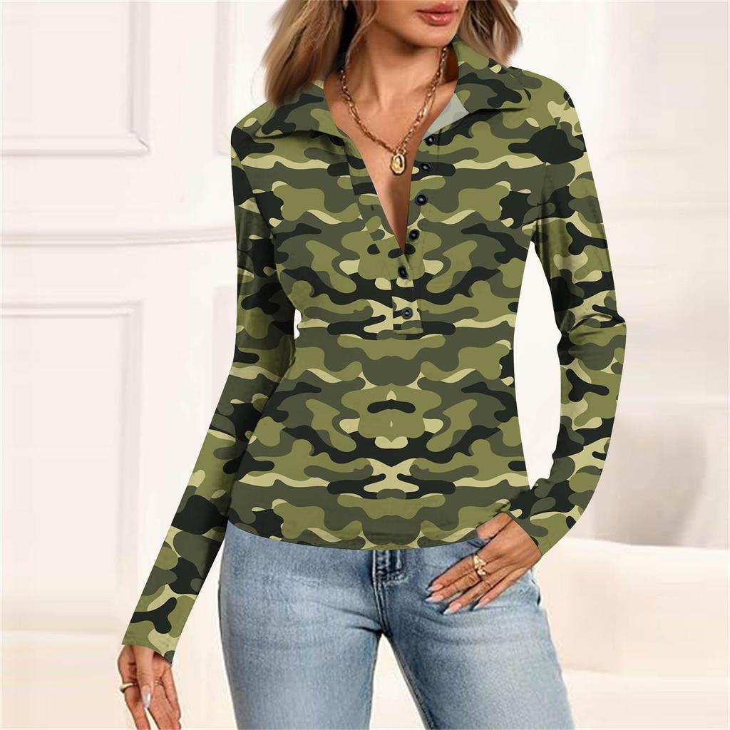 Haut Décontracté Imprimé à Manches Longues et Col en V Boutonné pour Femme