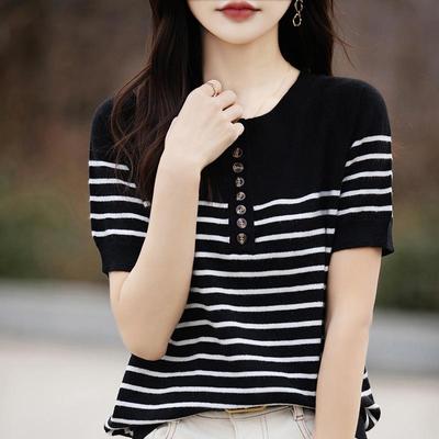 Maglietta in maglia da donna Maglietta estiva in maglia a righe Magliette a maniche corte Girocollo Maglione in maglia Tops