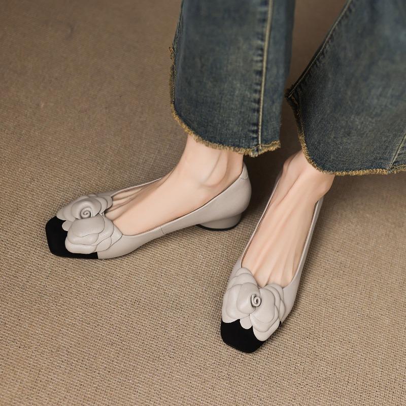 Fashion Fashion Flower Single Shoes Autumn New Square Toe Shallow Mouth Slip-on Non-Slip Low-Top Shoes
