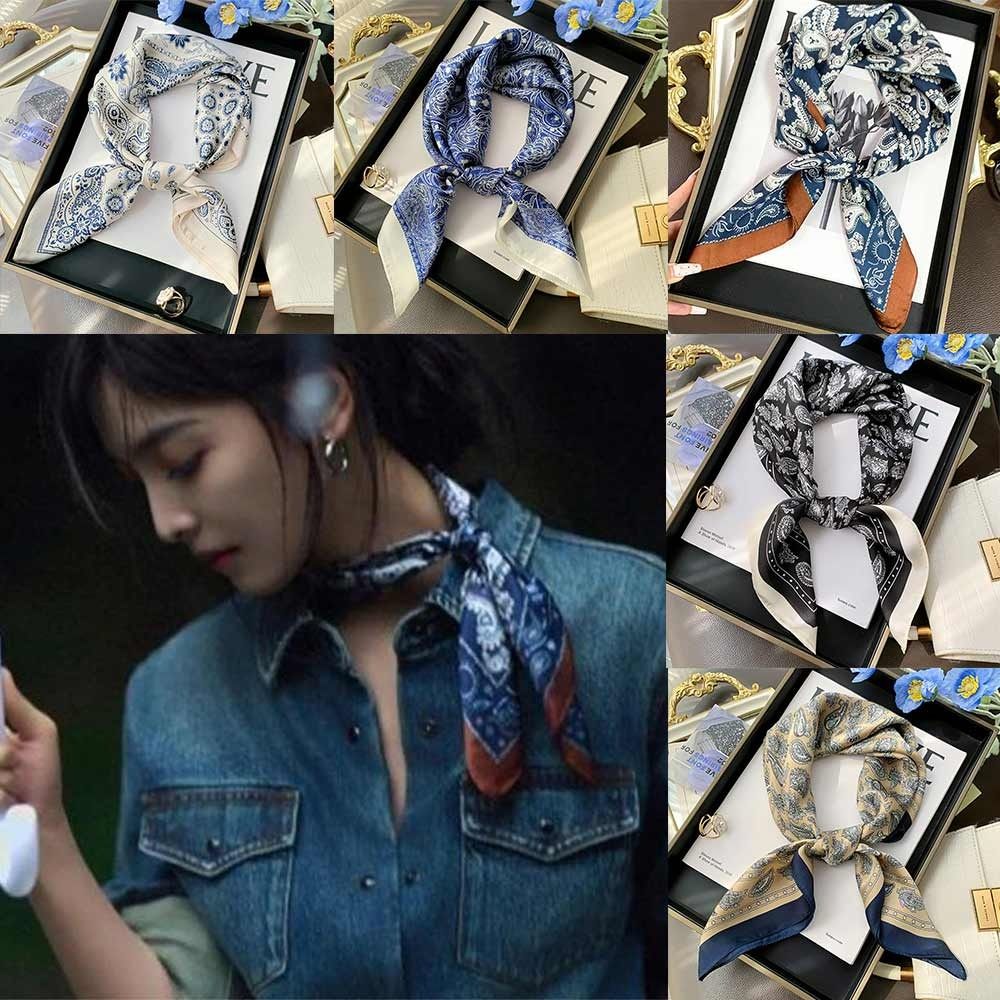 Double Sides Silk Scarf Flower Pattern Head Handkerchief Trendy Bandana  Gift