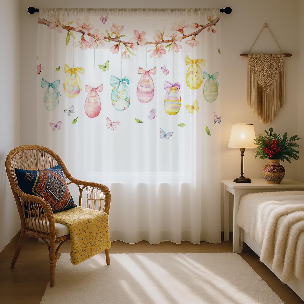 

Single Panel Easter Egg Curtain Hanging Cherry Blossom Pattern Pole Window Spring Decor Light Filtering Made Of Polyester W100*H70(CM)-Grommet top&2PCS