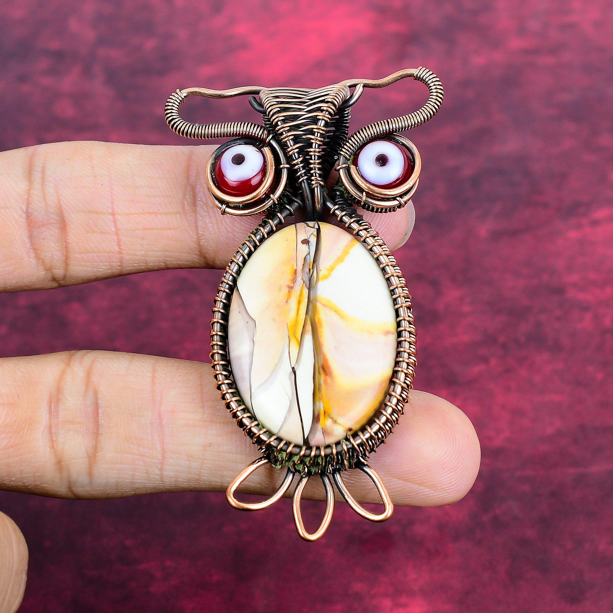 Brecciated Mookaite Gemstone Pendant Red Color Evil Eye Jewelry Copper Wire Wrapped Owl Pendant
