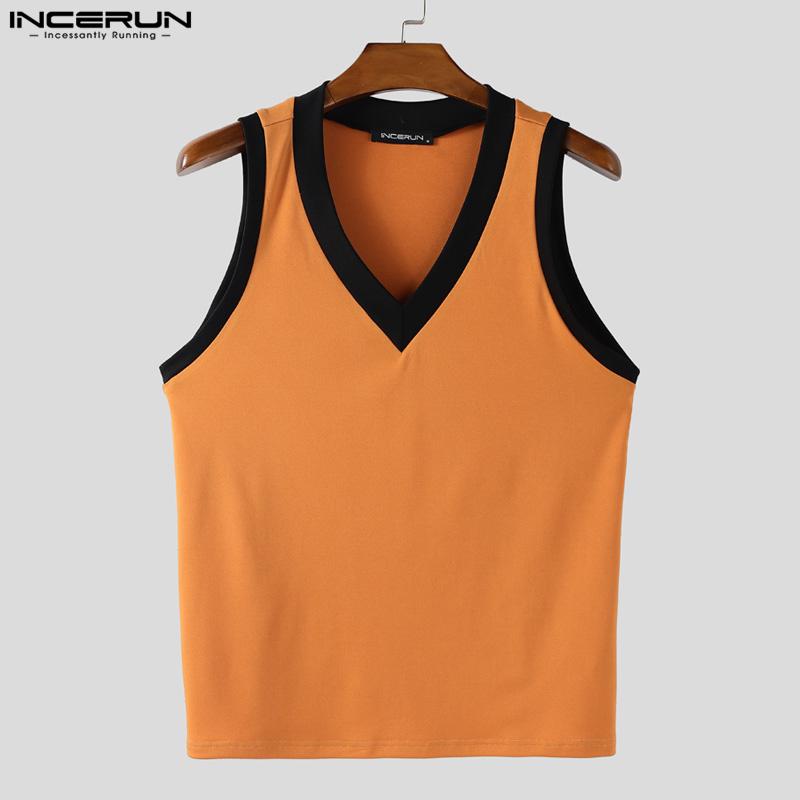 INCERUN Men V Neck Sleeveless Stitching Casual Slim Tank Tops Undershirts