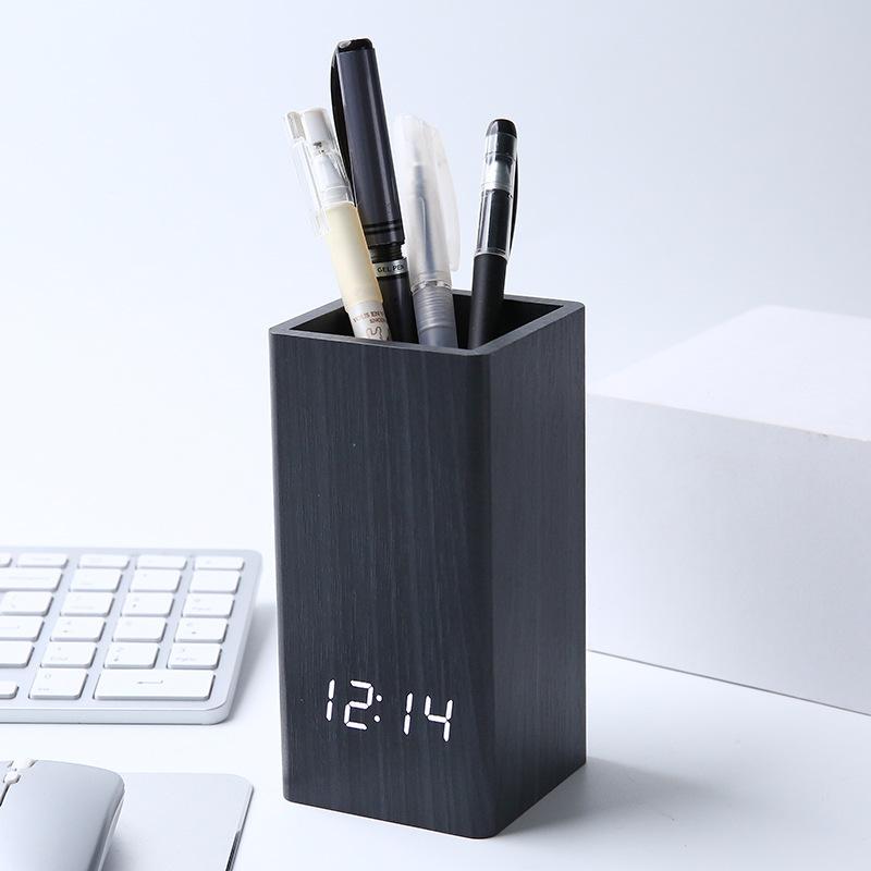 Creative L Pen Holder Alarm Clock Electronic Digital Clock Office Stationery Pen Holder Table Wooden Clock Multifunctional Wooden Clock