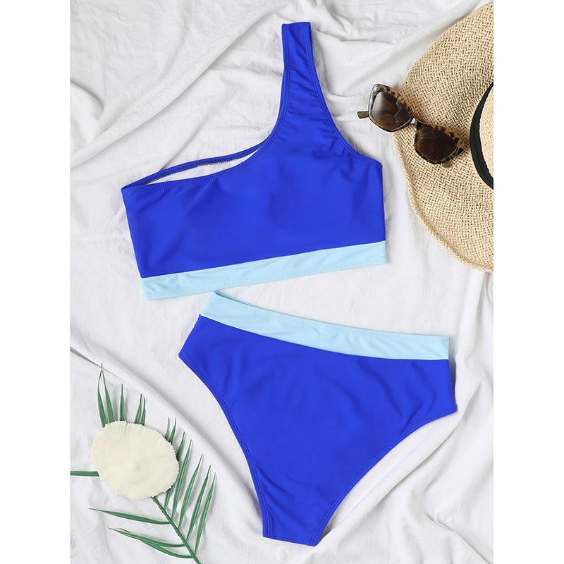 Patchwork Bikini Women Solid Color High Waist 2 Piece Swimsuit Single Shoulder Tankini Backless Beach Bathing Suit