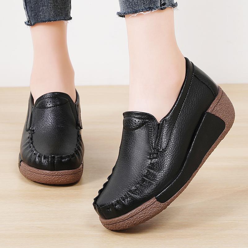 Spring and Summer Women Fashion Loafers Genuine Leather Moccasins Autumn Slip-on Casual Round Toe Wedge Platform Rocking Shoes