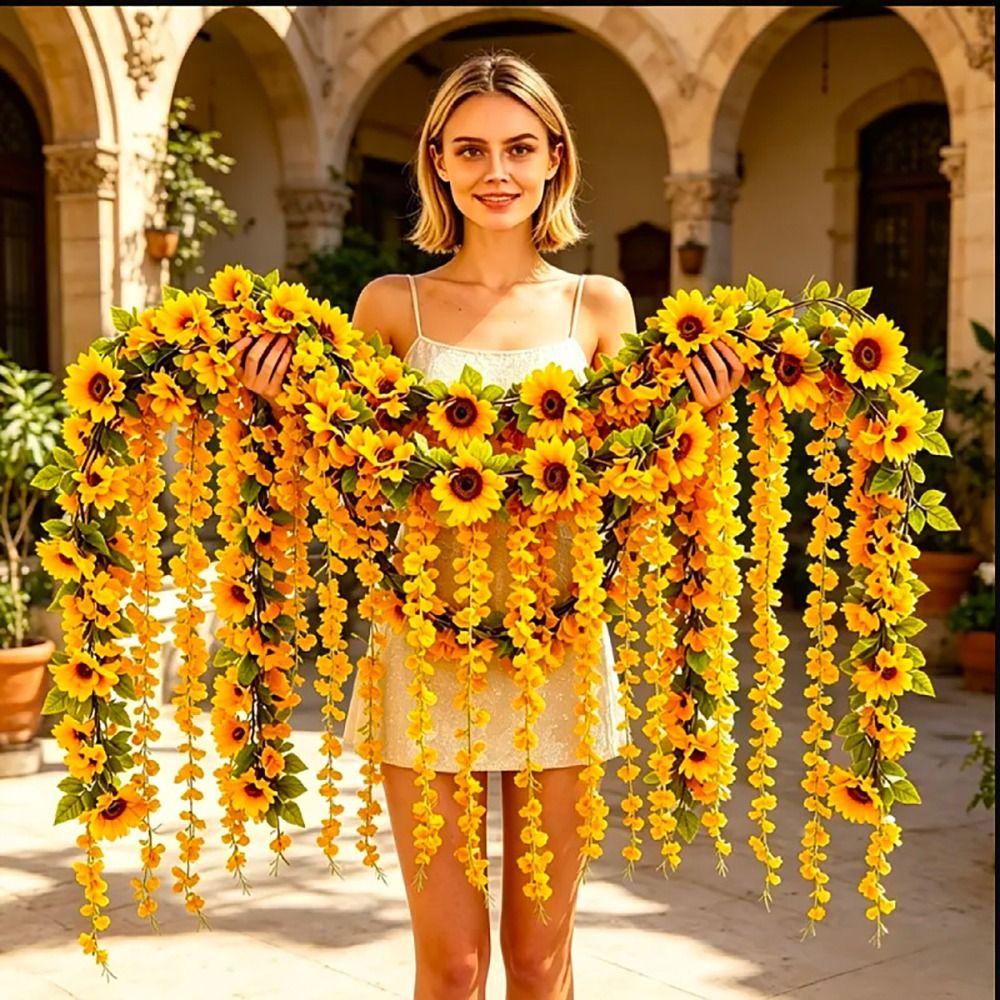 Multicolor Sunflower Simulated Flower Vines Cherry Flower Hanging Garland Wall Decoration