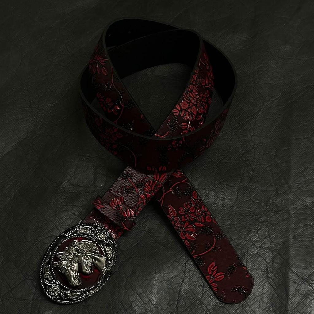 Vintage Dark Red Rose Double Horse Head Leather Belt - Unisex, Retro, Decorative Accessory.