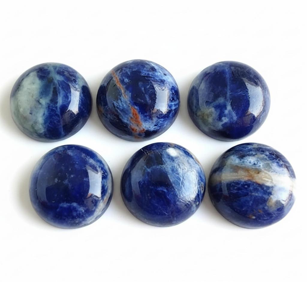 Naturalny Niebieski Sodalit Okrągłe Kaboszony - Bogate Niebieskie i Białe Wirujące Kamienie Szlachetne