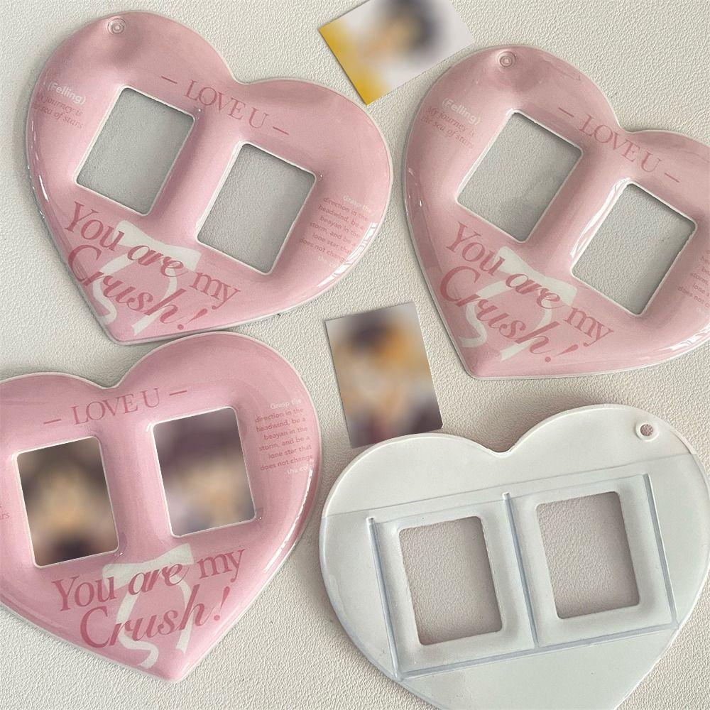 Portable Pink Card Case Heart-shaped Double-Grid Photos Protective Cover Bag Pendant Keychain Photo Card Holder