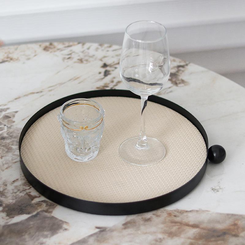 Light Luxury Leather Round Tray Model Room Decoration Living Room Coffee Table Dining Room Single Dot Retro Storage Tray Ornaments
