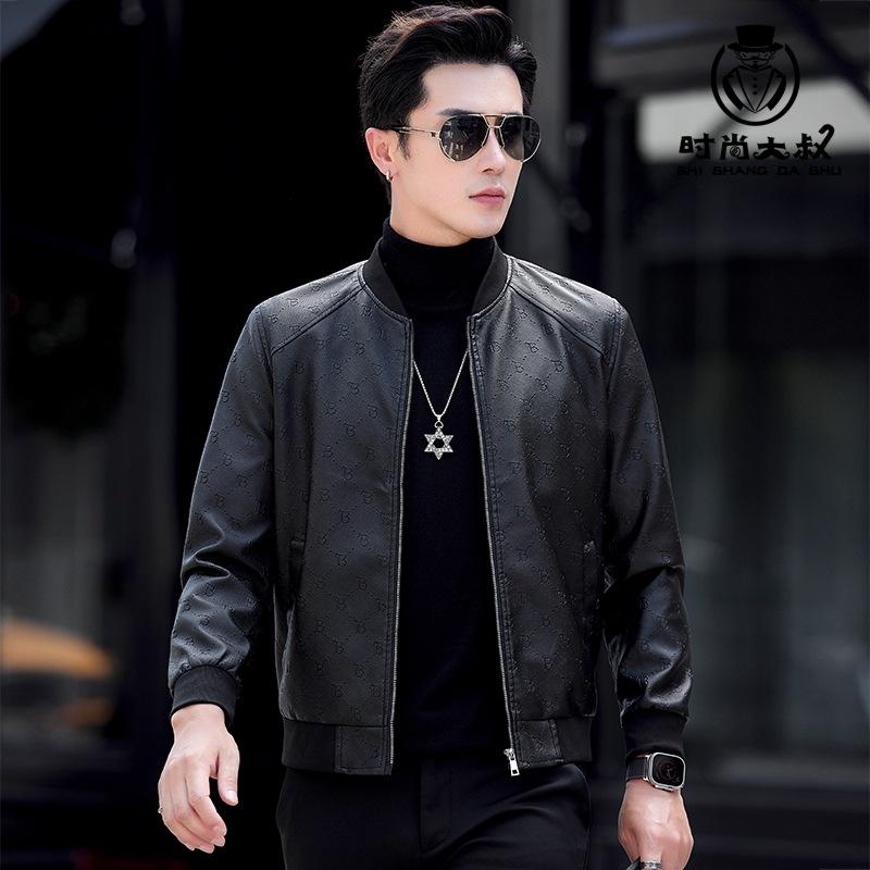 Spring and Summer New Men's Fashion B Letter Printed Leather Jacket Casual Versatile Baseball Collar Leather Jacket