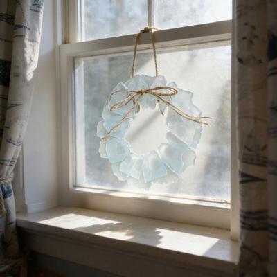 Sea Glass Wreath Handmade Coastal Style Beach Wreath 6 Inch Sea Glass Art Hanging Ornament for Door Window Kitchen Cabinet Chair Wall Home Decor