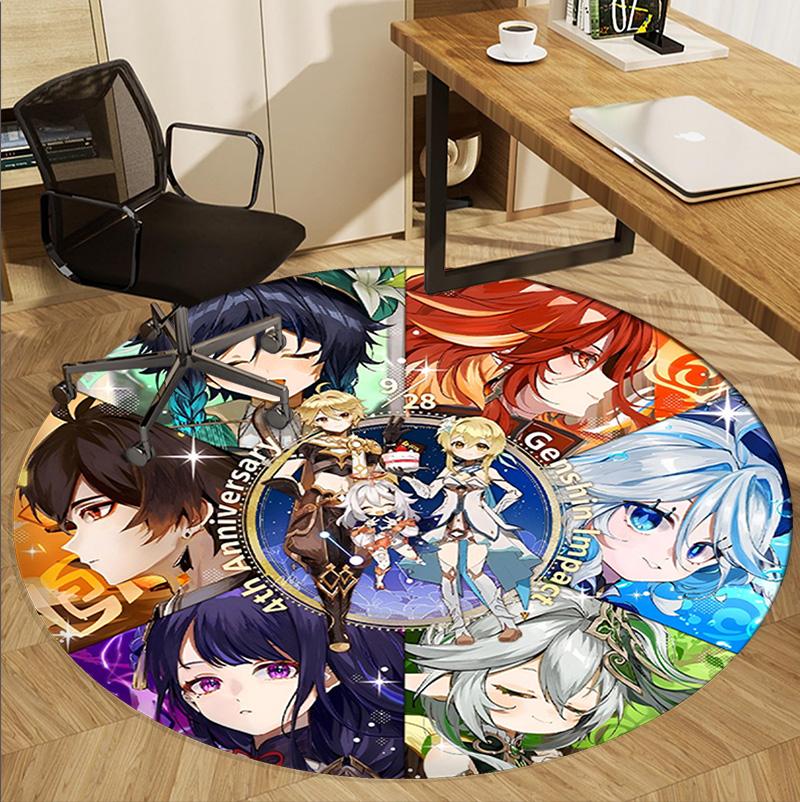 Genshin Impact Muster Runder Teppich, Innen-/Außenmatte, für Picknick, Spielzimmer, Schlafzimmer, Büro, Wohnzimmer, Heimdeko Teppich, Geburtstagsgeschenk
