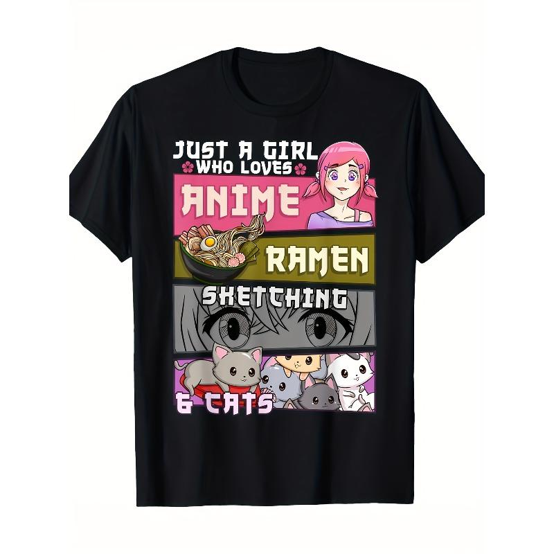 

European sizes Men S Anime Ramen Cat Sketch Graphic T-Shirt Soft Round Neck Tee with Just a Girl Who Loves Anime Design 4XL чорний