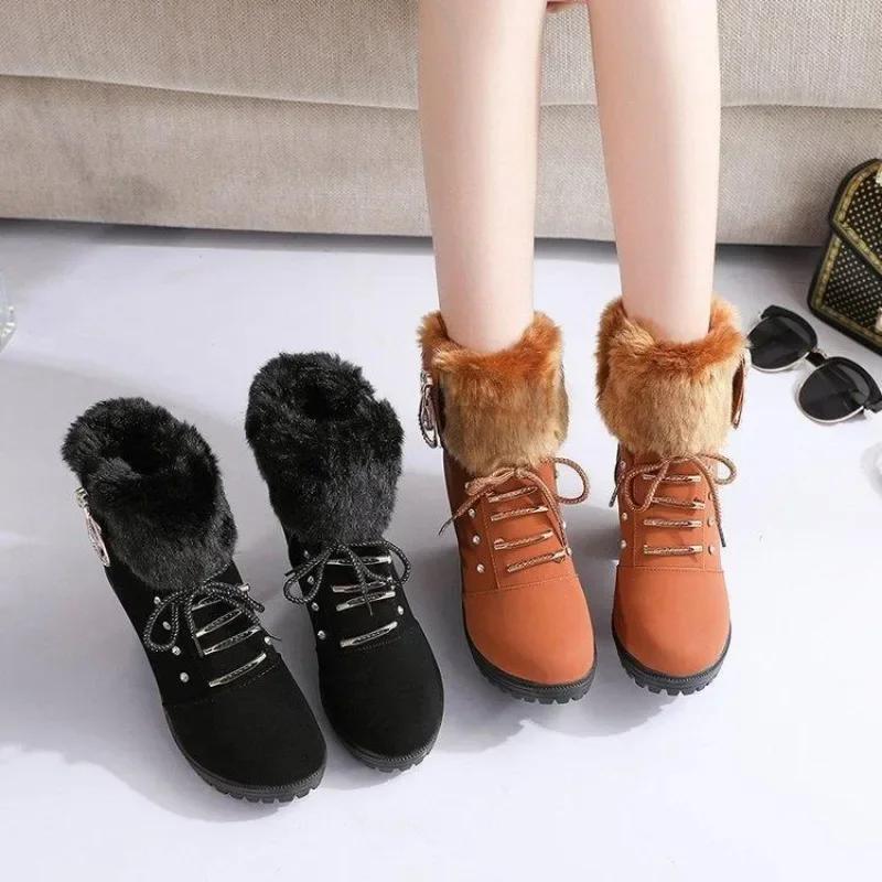 Wildleder Damenstiefel Winter Casual High Heels Schuhe für Damen Neu Kurzes Plüsch High Platform Stiefeletten Vielseitige Kurze Botas Mujer