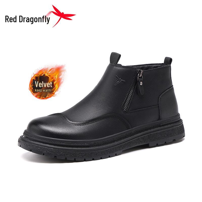Red Dragonfly Men s High-Top Leather Winter Boots - Genuine Leather, Velvet Lined, Warm Martin Style Size 39