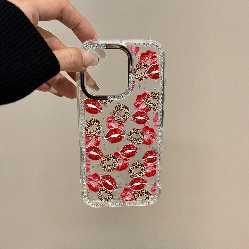 Leopard Print Red Lip Print Applies To Apple 17 Pro Mobile Phone Case iPhone15/16 Flash Diamond Star 14 Luxury 12 Women 13