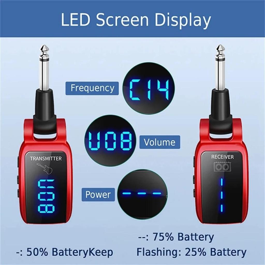 Drahtloses Gitarrensystem, UHF, wiederaufladbarer LED-Sender und -Empfänger für E-Gitarre