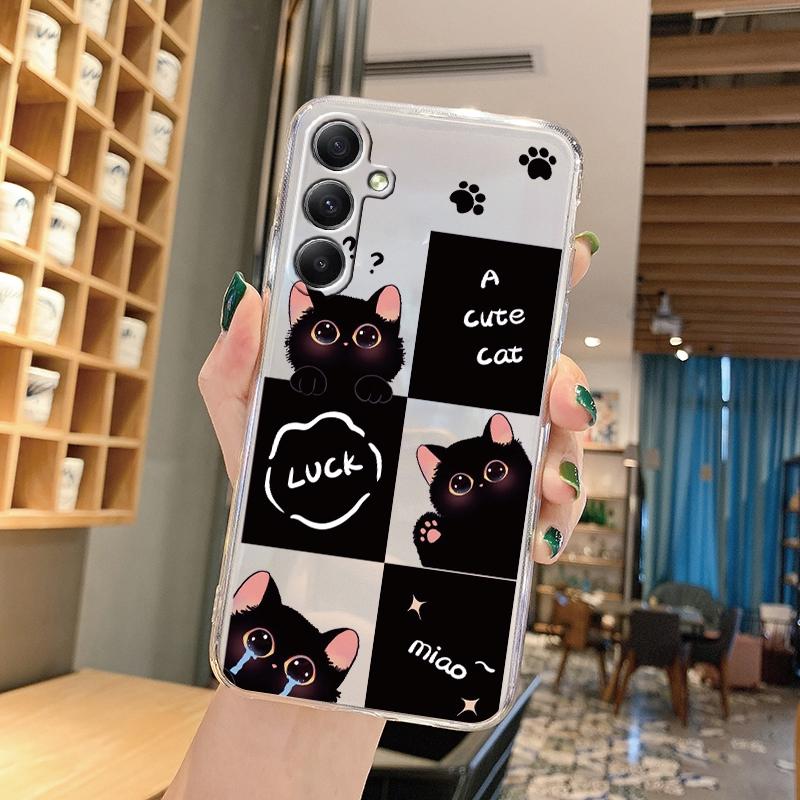 Cute Cat Cartoon Soft Transparent Silicon Case For Samsung A55 A35 M35 M34 S24 Xiaomi Redmi Note 13 Pro 13C Poco M6 Camera Shockproof Protective Cover