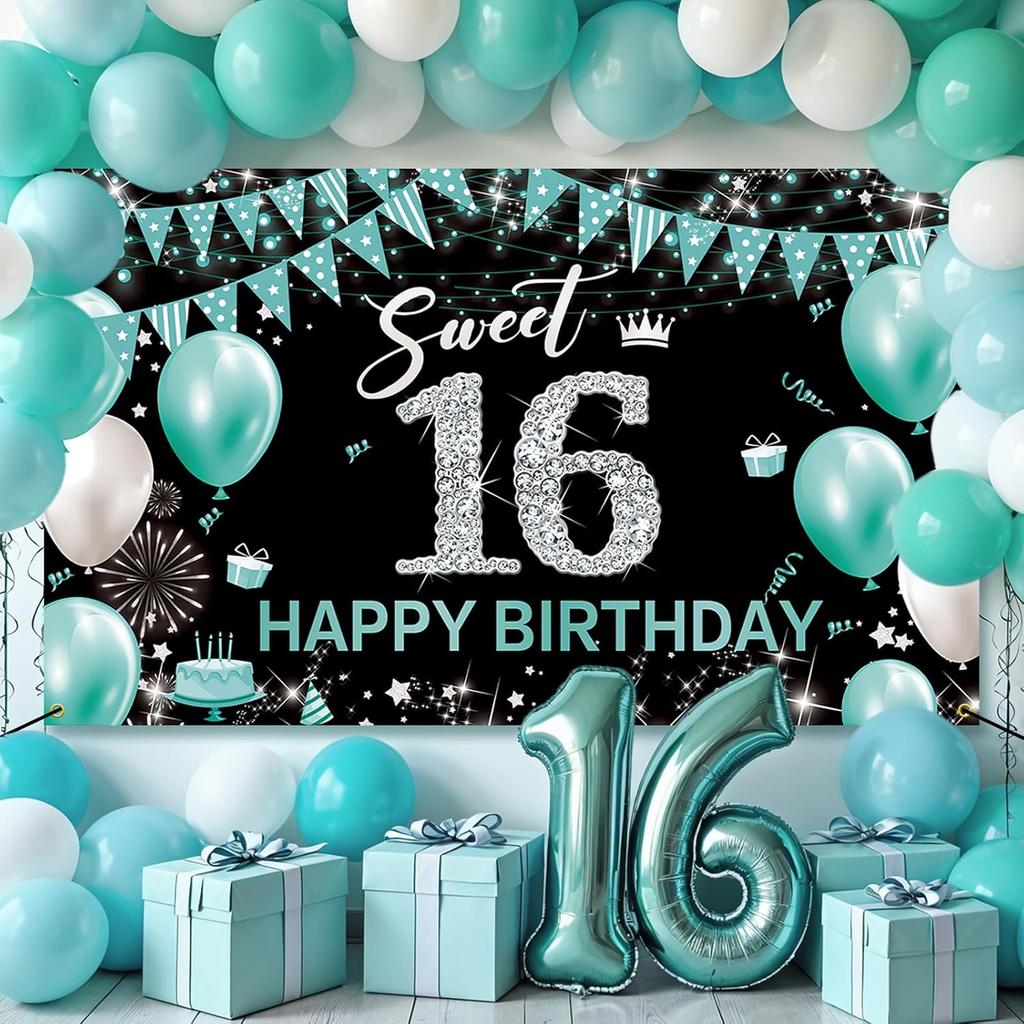 Sweet 16 Party Decorations, Fabric Happy 16th Birthday Banner Backdrop, Sweet Sixteen Birthday Decorations for Girls, Turquoise 16 Birthday Yard Sign