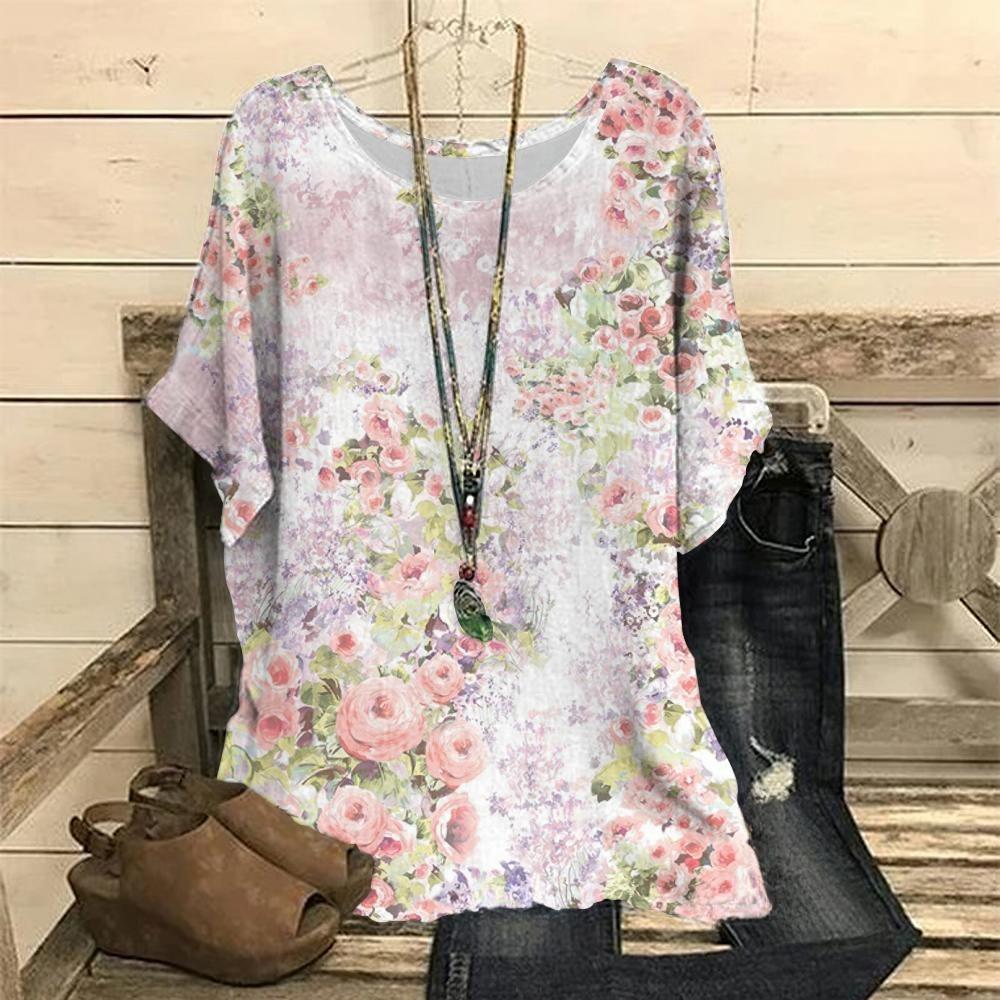 

Summer Round Neck 3D Floral Pattern Print Top Fashionable Casual Short Sleeved Plus Size Women s T-shirts 7XL