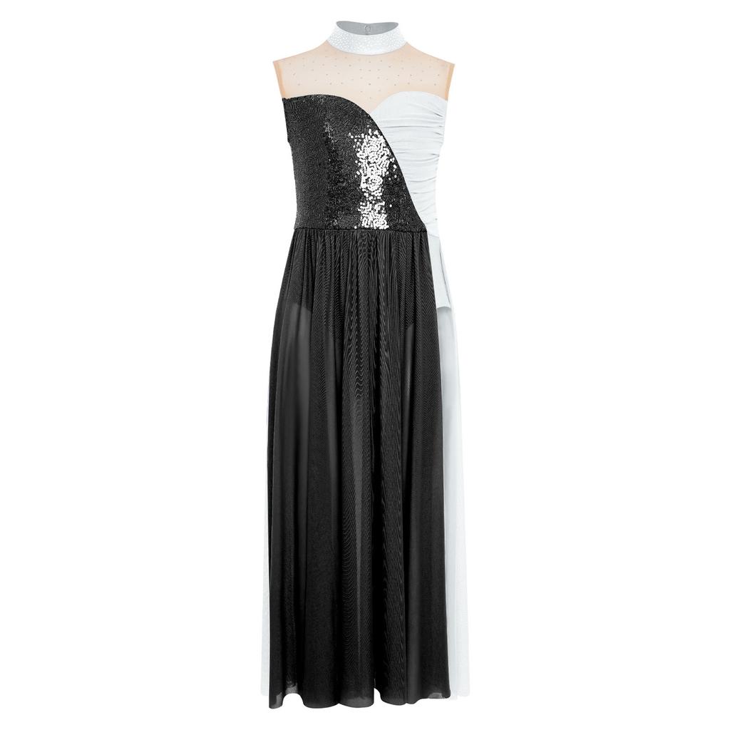 Girls Lyrical Performance Dress Sleeveless Sparkling Sequins Top And Color Block Side Split Skirt