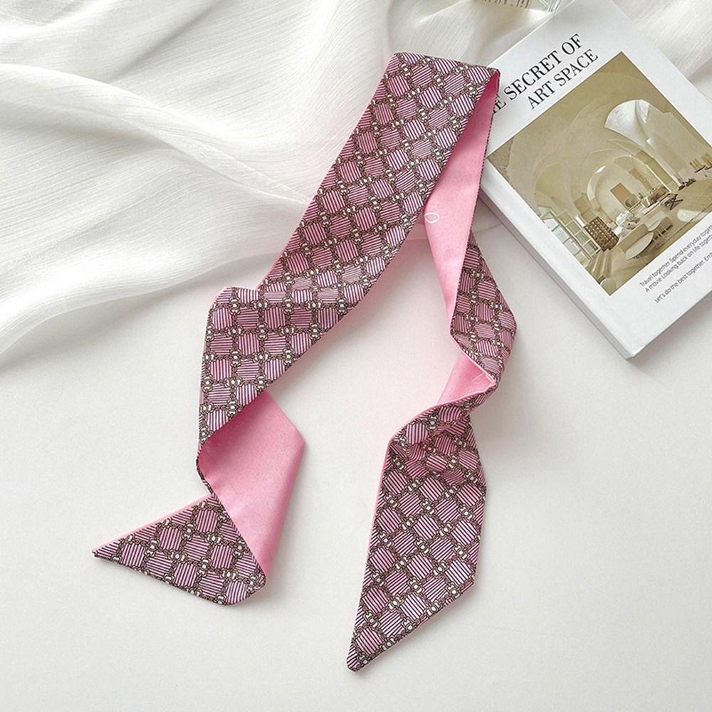 Retro Ribbon Headband Silk Scarf Pink Flower Long Scarf Neckerchief Scarf Accessories Printed Scarf Female