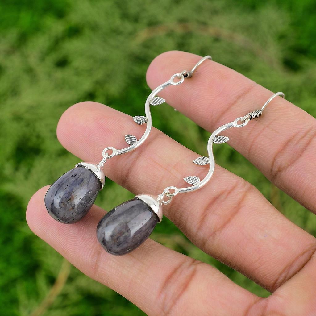 Teardrop Blue Aventurine Gemstone 925 Silver Dangle Drop Bezel Earrings Jewelry