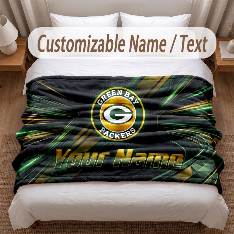 Green Bay Packers Printed Flannel Blanket Custom Name Text Soft Warm Throw For Bedroom Holiday Gift