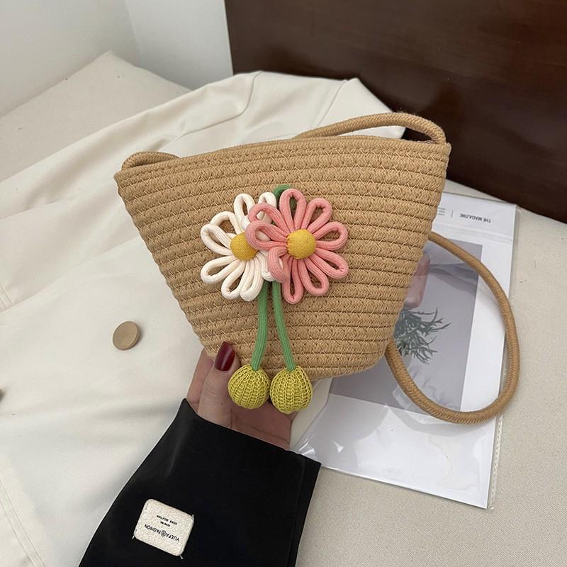 Cotton Rope Woven Bag Cute Flower Shoulder Ins Bucket Women's Beach Cross-body