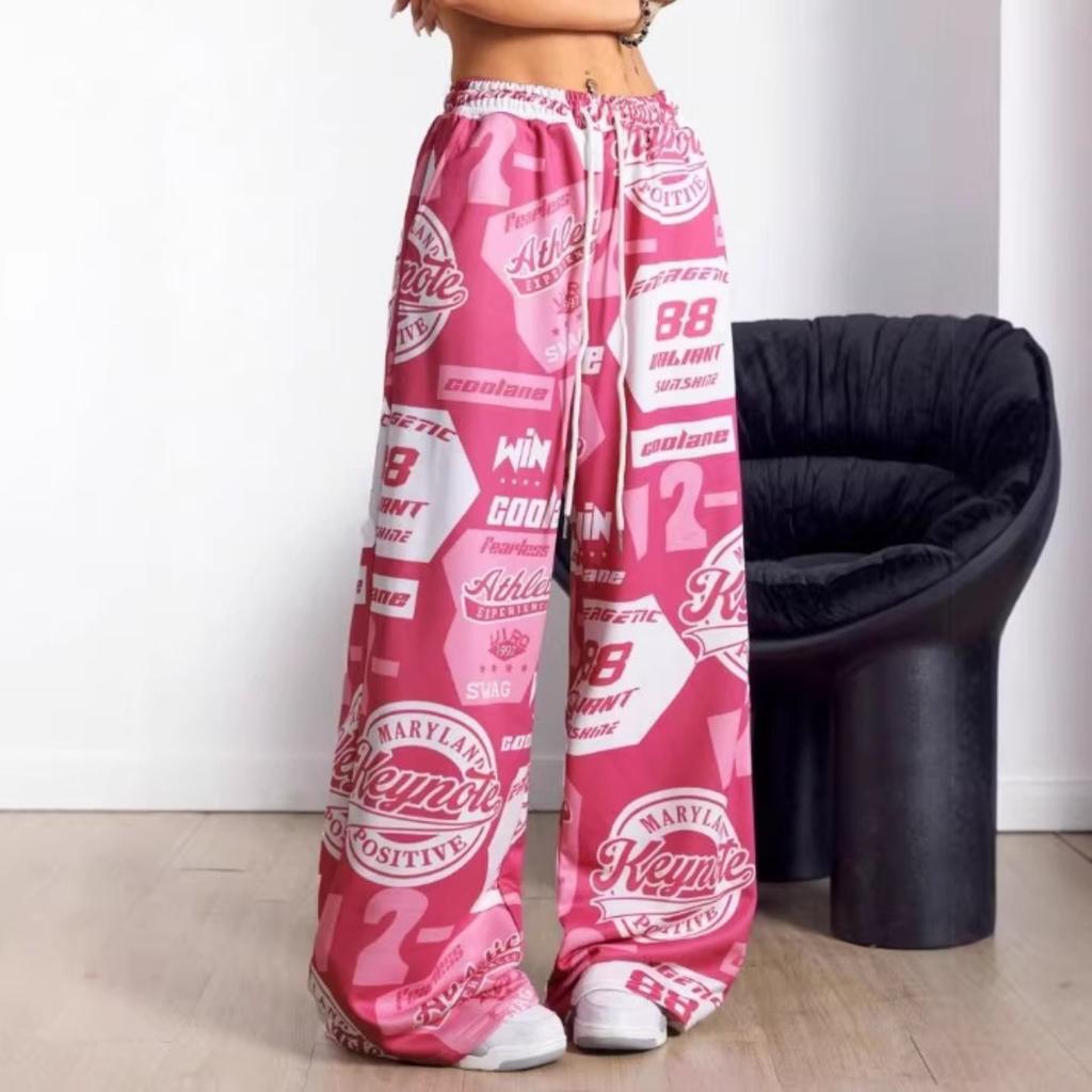 Pantaloni Larghi da Donna a Vita Media con Coulisse, Stampa Graffiti Hip Hop, Pantaloni Casual Larghi con Tasche Laterali