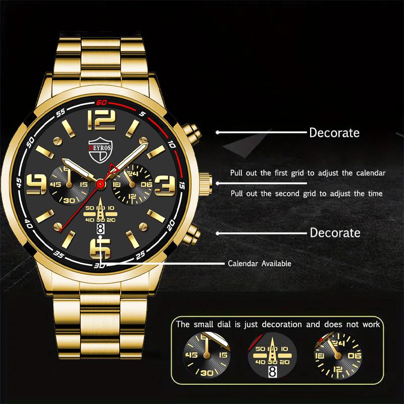 2pcs/set, 1pc Fashion Men's Business Quartz Wrist Watch with Stainless Steel Strap & 1pc Bracelet, Men's Gifts