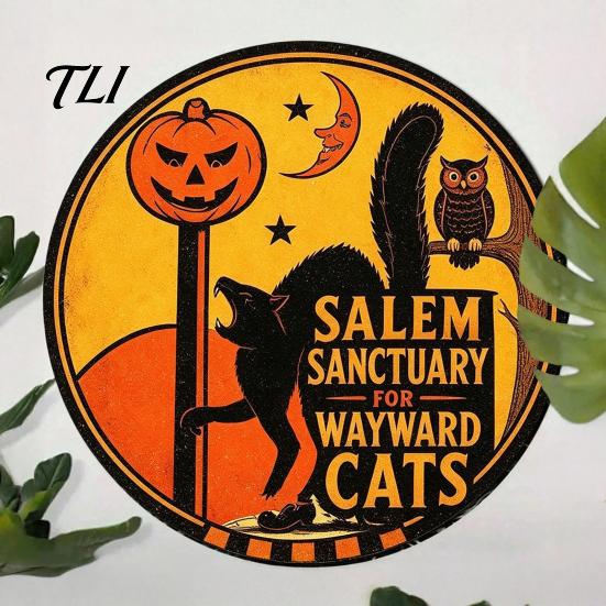 Wall Mounted Metal Decor Retro Halloween Sign, Round Decorative Vintage Festive Home Ornament Rustic Art for Living Room Party Decoration Durable Iron