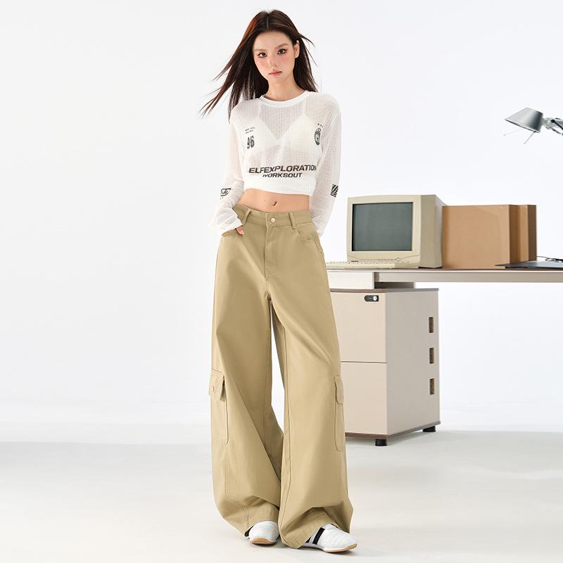 Women's Military Green Wide-Leg Jeans: Autumn Curved Knife Design, Loose Fit, Floor-Length Casual Workwear Pants.