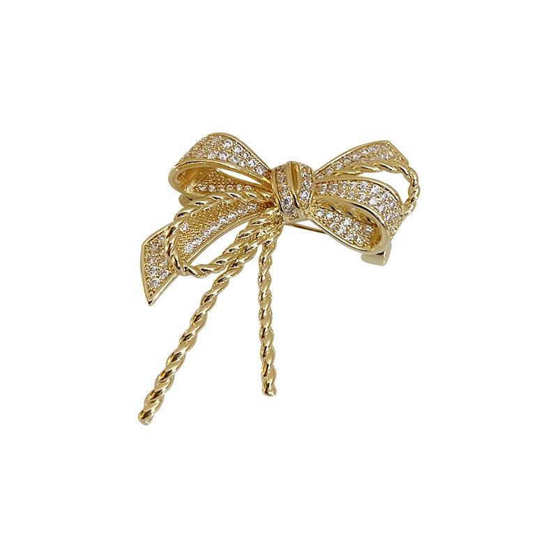 Korean Gold-Plated Zircon Bow Brooch - Retro Fashion Accessory for Women