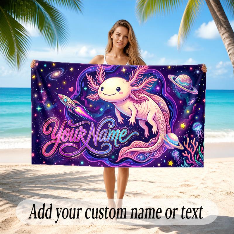 Axolotl Theme Quick Dry Beach Towel Custom Name Text Print Large Sand Resistant Towel Beach Vacation