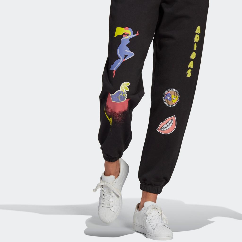 adidas Originals Fakten Hose Spitze Mittlere Taille Elastisch Muster Gedruckt Konisch Neunpunkt Gestrickte Sporthose Damen Hose Schwarz GN4367