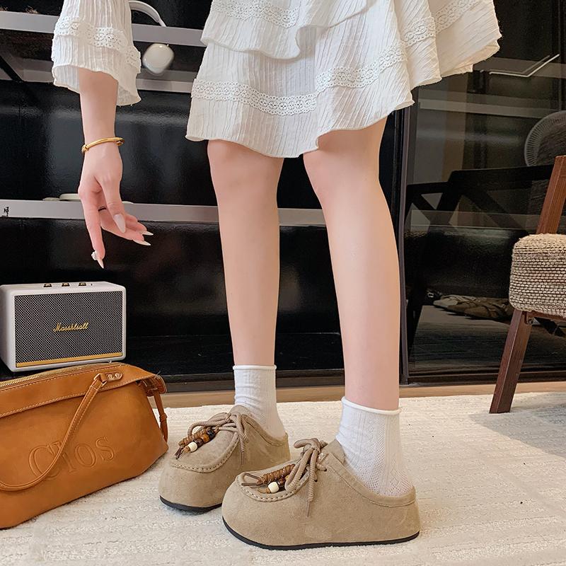 Fashion Women's Flat Shoes Cover Toe Slingback Lace-up String Bead One Kick Increased Internal Slippers All-match RetroSuede Women Shoes