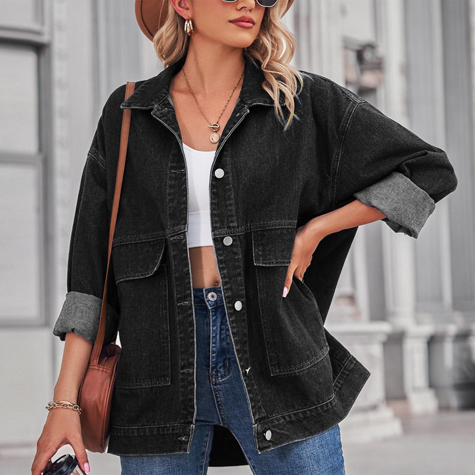 

Женская модная универсальная классическая ретро однотонная джинсовая куртка с лацканами, длинными рукавами и карманом, свободного кроя XL чёрный