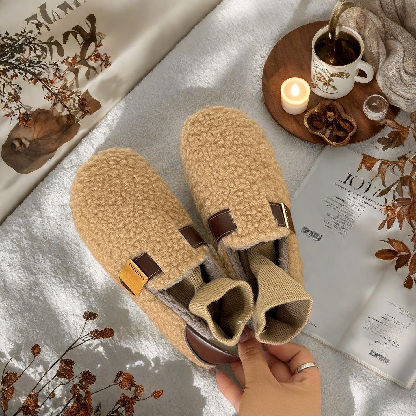 

Пушистые туфли на плоской подошве для женской верхней одежды 2025 новые осенне-зимние сноубутсы, плюшевые туфли-бини, ленивые туфли на одной педали, хлопковые туфли 36