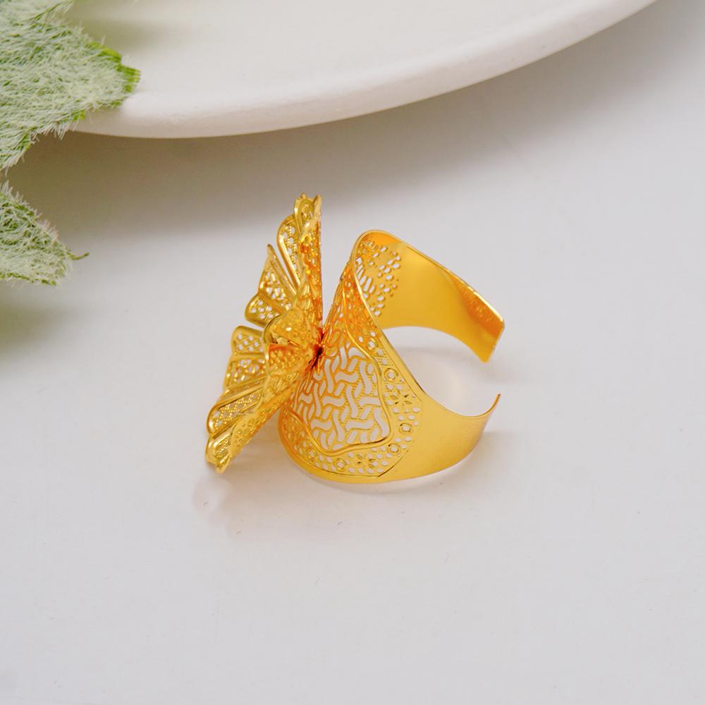 Dubai Gold Color Bracelet With Ring For Women Africa India Morocco 24K Gold Plated Large Bangle For Bridal Wedding Party Gift