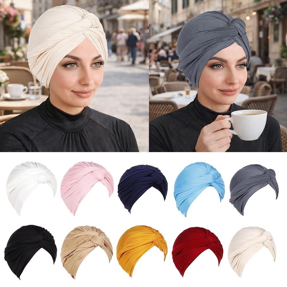 Fashion Vintage Hijab Caps Elastic Soft Polyester Twist Knot Turban Hat Breathable Wrap Style Cancer Chemo Hat Hair Loss