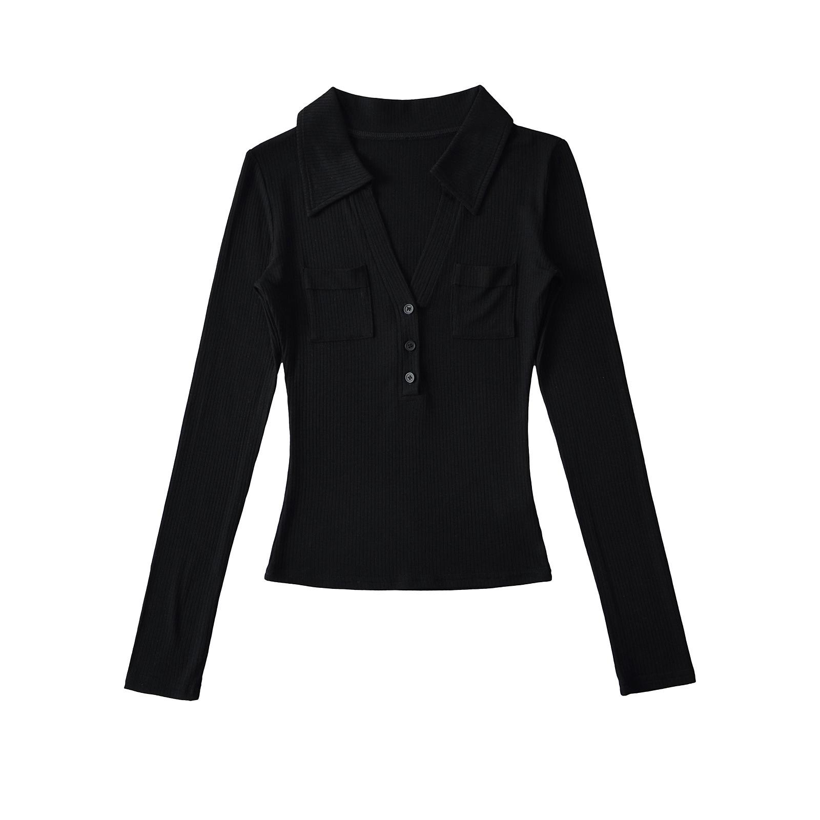 

Американская острая девушка V-образный вырез лацканы двойной карман приталенная футболка для женщин Medium чёрный