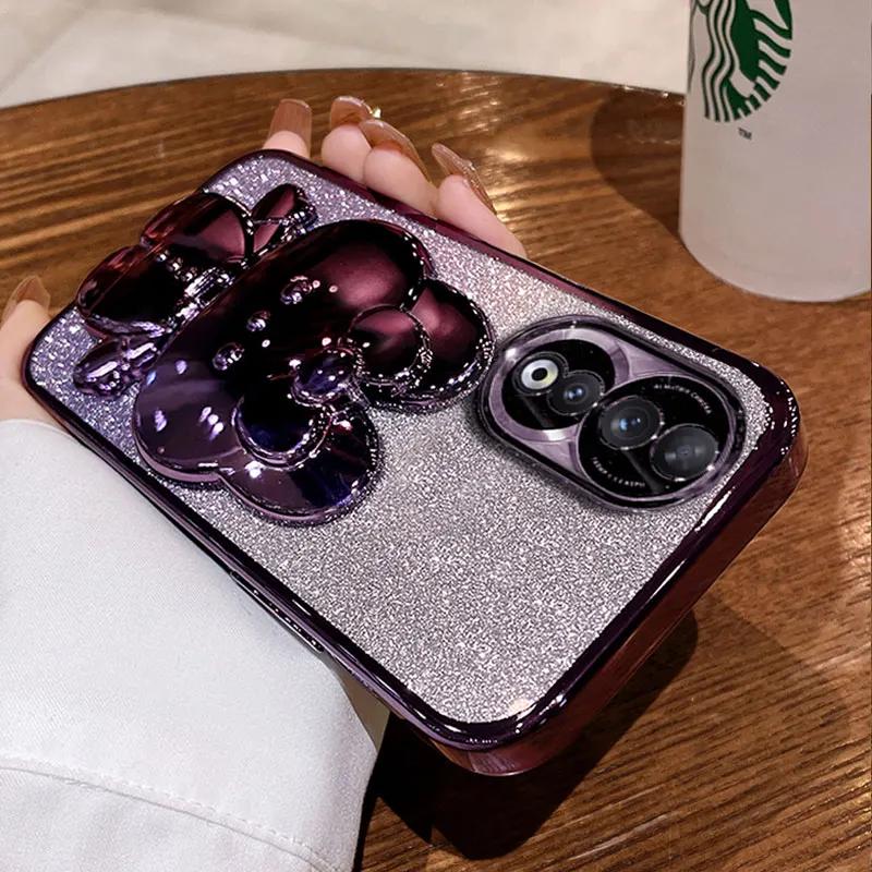 bracket Case For Honor 90 Glitter Mirror Rabbit Holder Soft Case for Honor 90 70 50 Magic5 Lite Pro X8 Shockproof Cover