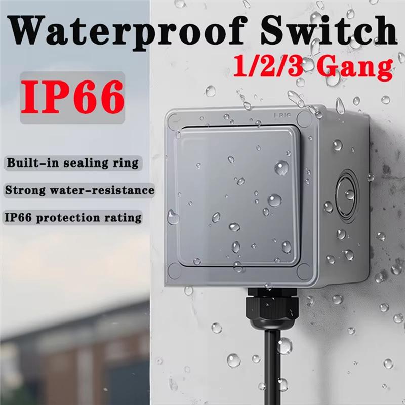 IP66 Waterproof Push Button Power Switch 2 Way Outdoor Wall Light Switch 1/3 Gang 16A Dust-Proof For Home Garden