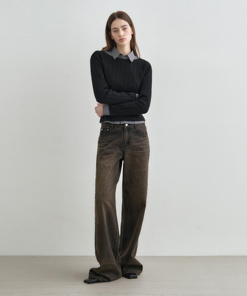 MONGDOL Boat Neck Alpaca Ribbed Knit Top Black Mdkt118Black