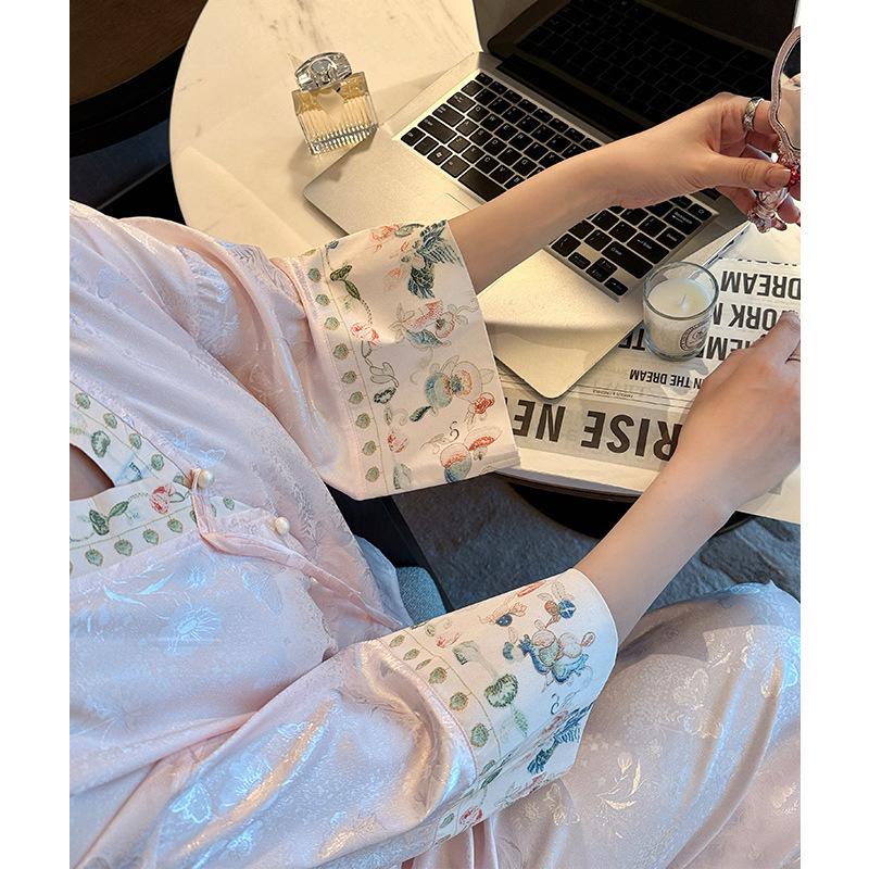 Ice silk sweet wind nightdress loungewear suit women's summer thin satin comfortable large size can be worn outside pajamas