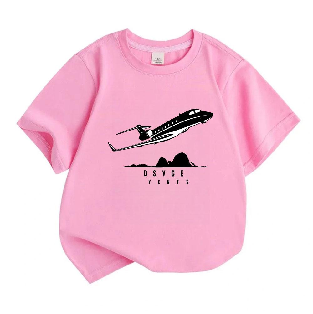 Kids Boys Girls 100% Cotton Crew Neck Short Sleeve T-Shirt, Stylish Airplane Flying Mountain Silhouette Print Casual Soft Breathable Tee Tops for Dail