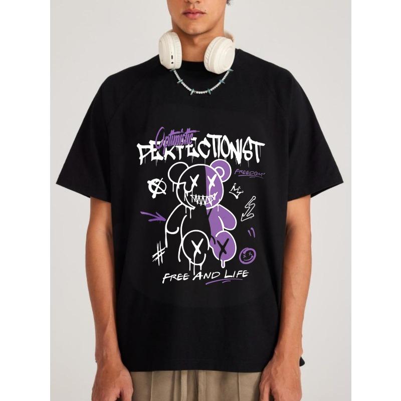 Black T Shirt with Optimistic Perfectionist Graphic Print and Purple Bear Design for Casual Streetwear Style